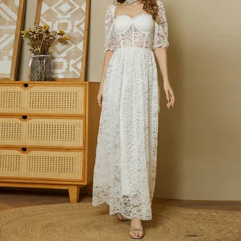 2023 Сексуальное кружевное платье Принцессы с коротким рукавом и квадратным вырезом, белое платье средней длины