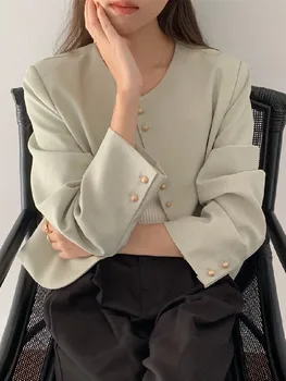 Винтажные офисные женские куртки, Осень 2023, Корейский стиль с круглым вырезом, Однотонное Однобортное повседневное короткое пальто, женская верхняя одежда