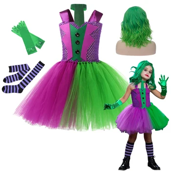 Детский костюм на Хэллоуин, Зеленое платье-пачка для девочек, Детский Косплей, Страшный Костюм Клоуна Для Девочек, Карнавал, Маскарад, Праздничное платье от 2 до 12 лет