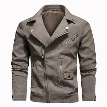 Мужская кожаная куртка с диагональной застежкой-молнией из искусственной кожи с несколькими карманами и лацканами, модные мужские куртки, высококачественные новые осенние пальто для мужчин
