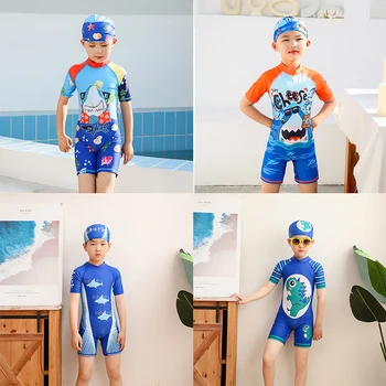 Новинка 2021 года, хит продаж, цельные купальники для маленьких мальчиков со шляпой и рисунком Рыбки, Детский купальник, купальные костюмы, Детская пляжная одежда