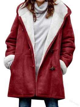 Пальто с капюшоном на флисовой подкладке, Новая зимняя куртка с пряжкой из коровьего рога, Женские карманы, однотонное пальто, Женская верхняя одежда, плотное пальто
