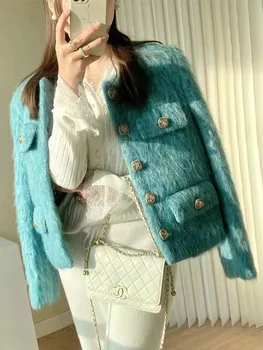 Темперамент светской львицы, синий твидовый пиджак, Весна-лето, с круглым вырезом, Шикарное Однобортное Модное женское пальто с длинным рукавом 10AB3826