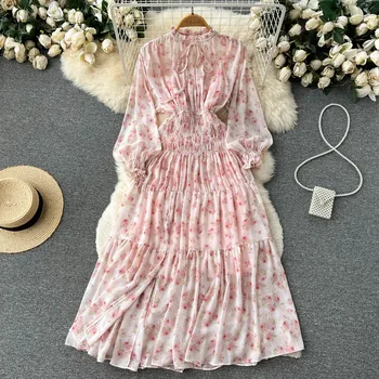 Элегантное платье с цветочным рисунком во французском стиле, Женские розовые длинные платья с рукавами-фонариками, женская одежда Для пляжного отдыха, осенние женские платья